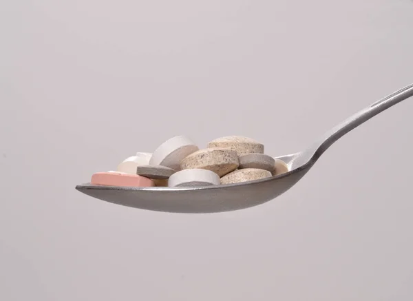 Assorted Pills Capsules Teaspoon — Stock Photo, Image