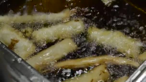レストランキッチンの大きな鍋でポテトスライスフライドポテト — ストック動画