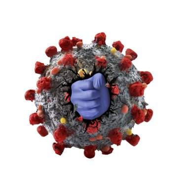 Sıhhiyeci el yumruğu Coronavirus molekülü içeriden, yenilmiş virüs.