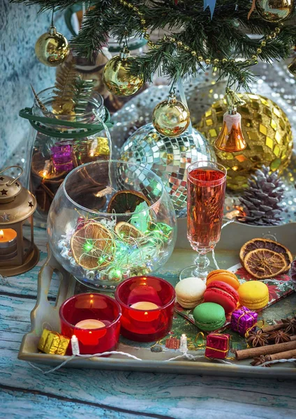 Christmas Still Life Glass Wine Macaroons Candles Dried Fruit Spices — Stock Photo, Image