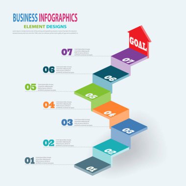 Infographics iş şablonu Sunum için ok adımları ile 3d merdiven, Satış tahmini, Web tasarımı, Geliştirme, Adım Adım