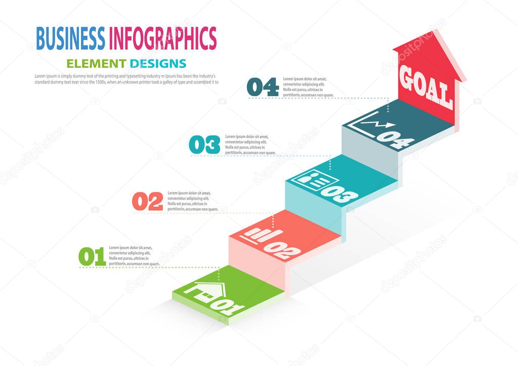 Infographics business template with steps for Presentation, Sale forecast, Web design, Improvement, Step by Step