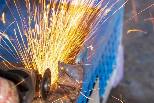 Worker Cutting Steel Grinding Machine Splashes Sparks Workshop Stock Photo