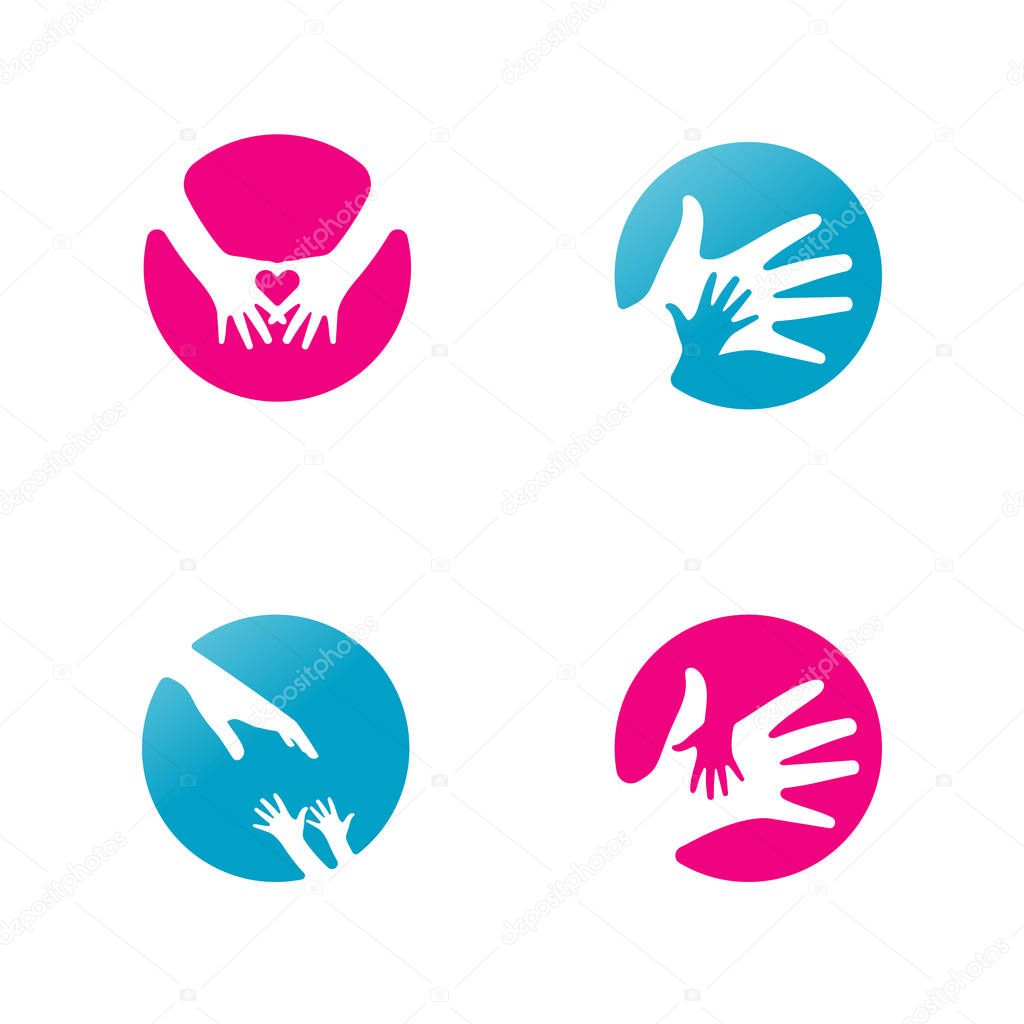Child Care Logo, Little Hand Holding In Big Hand Silhouette In Pink Circle Background