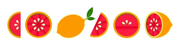 オレンジ色のみかんグレープフルーツレモンライム 夏の果物や柑橘類のベクトルイラスト 柑橘類のアイコンはピクトグラムのシルエットです 熱帯果実 グレープフルーツの部分 スライス — ストックベクタ