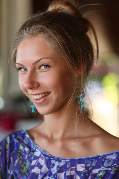 Closeup Portrait Beautiful Blond Woman Sitting Table Blurred Restaurant Interior — Stock Photo, Image