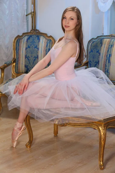 Portrait Beauty Blond Ballerina White Ballet Tutu Posing Luxury Apartments — Stock Photo, Image