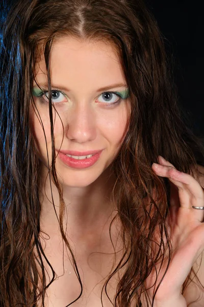Closeup Portrait Redhead Woman Long Hair Blue Background — Stock Photo, Image
