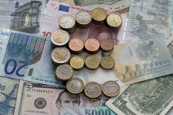 Signo Euro Hecho Monedas Euro Fondo Billetes Euro Eur Dólares — Foto de Stock