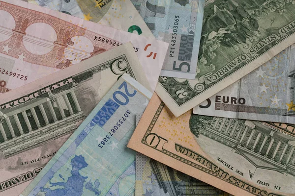 Moneda Euro Eur Dólares Estadounidenses Usd Fondo Billetes Principales Monedas — Foto de Stock