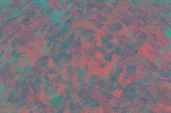 Abstract leaf pattern in green, coral, purple and turquoise hues. Autumn leaves of rowan. Background of rowan foliage. Instagram style, toned.