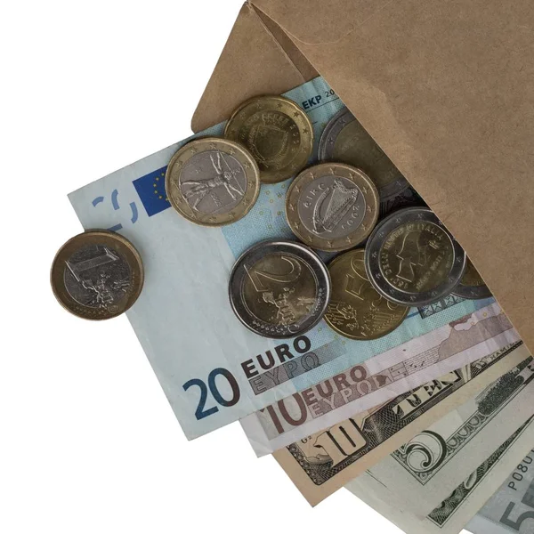 Billetes Euros Dólares Monedas Euros Dispersas Fuera Del Sobre Aislado — Foto de Stock