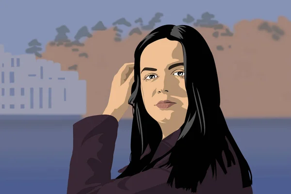 Cartoon illustration of an attractive handsome young woman with long black hair in sunlight