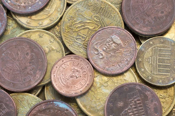 Aged copper euro coins. Money background. Selective focus