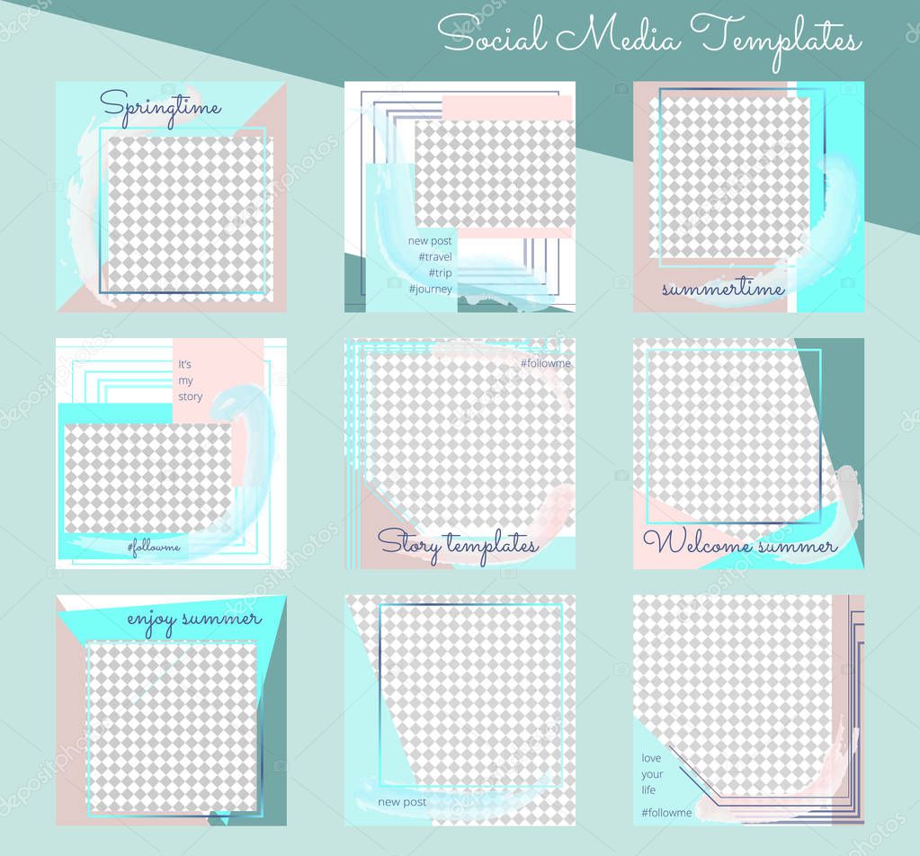 Set of modern editable square web templates for social media blog post. Elegant spring or summer backgrounds with abstract pattern. Vector, EPS 10