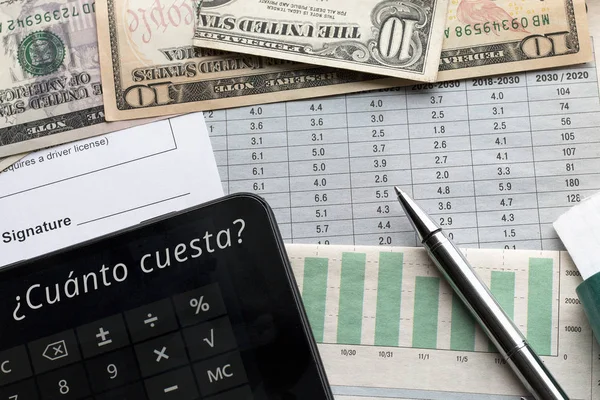 Calculator with How much? text in Spanish, document with place for signature, charts and US dollars on the background. Goals, plannings, shopping concept