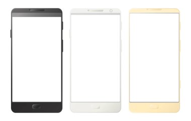 Cep telefonları, beyaz arka planda izole akıllı telefonlar. Dijital cihazlar siyah, beyaz ve altın renginde ayarlanır. Raster versiyonu