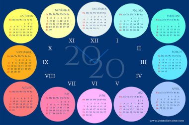Gökkuşağı duvar takvimi 2020 ay, haftanın günleri, Roma rakamları ile bir kadran şeklinde. Pazar günleri kırmızı ile vurgulanır. Koyu mavi arka plan. Vektör şablonu 10 Eps