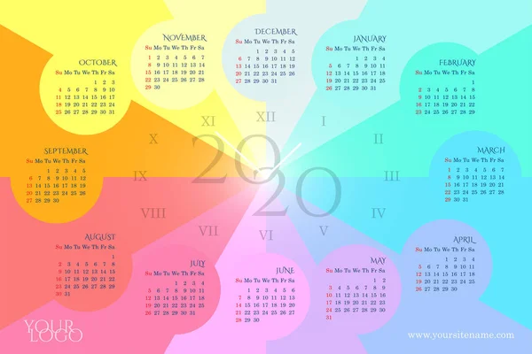 Rainbow wall calendar 2020 in the form of a clock with months in circles, days of the week, Roman numerals. Sundays highlighted in red. Colorful background. Raster version