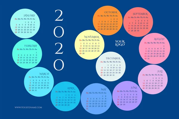 Wall calendar of 2020 in the form of a spiral with rainbow months, days of the week. Week starts on Sunday. Sundays highlighted in red. Space for your logo. Navy blue background. Raster version