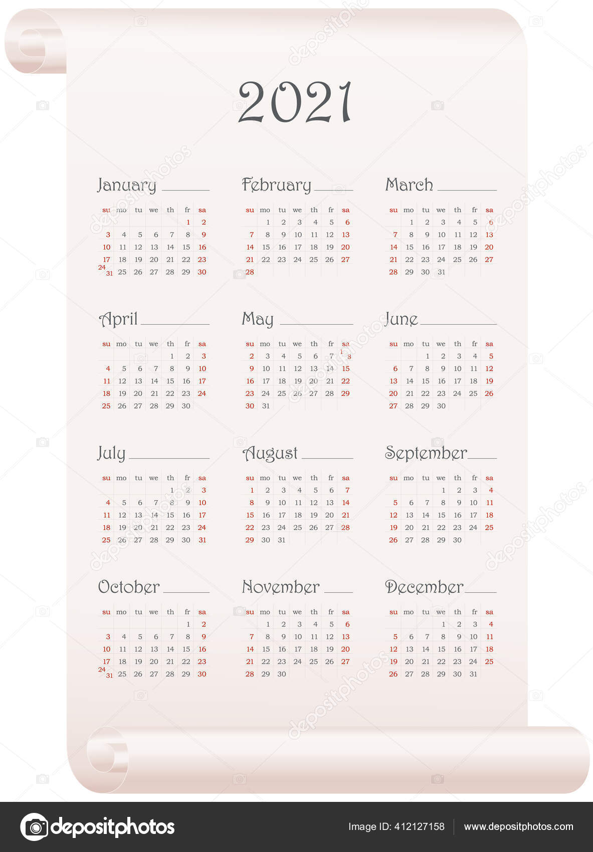 Wall Calendar 2021 Template Months Vertical Parchment Isolated White Week Vector Image By C Lenaika Vector Stock 412127158