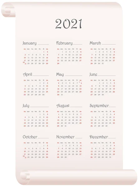 Wall Calendar 2021 Template Months Vertical Parchment Isolated White Week — Stock Vector