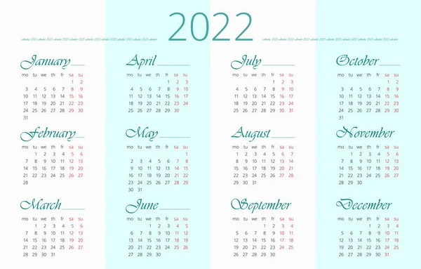 2022 Kalendář Šablona Angličtině Měsíců Neděle Soboty Jsou Zvýrazněny Červeně — Stockový vektor