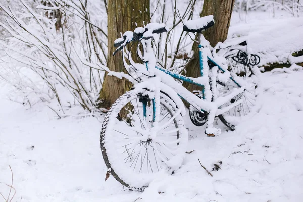 Bike covered with fresh snow. Snowfall. Snow forecast. Snow in the city. Bicycle covered with snow. Winter traffic backup accident. bicycles standing in the snow. Winter in netherlands