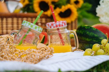 Karpuz, meyve, buket ortanca ve ayçiçeği çiçekli güneşli bir günde yaz pikniği konsepti. Çimenli piknik sepeti, yiyecek ve ferahlatıcı yaz içeceği beyaz örgü battaniyenin üzerinde. Seçici odak