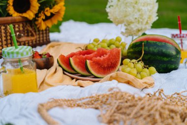 Karpuz, meyve, buket ortanca ve ayçiçeği çiçekli güneşli bir günde yaz pikniği konsepti. Çimenli piknik sepeti, yiyecek ve ferahlatıcı yaz içeceği beyaz örgü battaniyenin üzerinde. Seçici odak