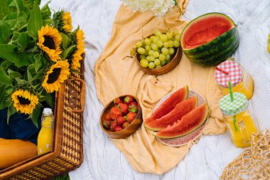 Karpuz, meyve, buket ortanca ve ayçiçeği çiçekli güneşli bir günde yaz pikniği konsepti. Çimenli piknik sepeti, yiyecek ve ferahlatıcı yaz içeceği beyaz örgü battaniyenin üzerinde. Seçici odak