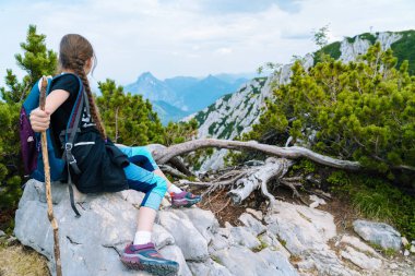 Çocuklar güzel bir yaz günü Alp dağlarında yürüyüş yapıyor Avusturya 'da, kayaların üzerinde dinleniyor ve dağ zirvelerinin muhteşem manzarasına hayran kalıyorlar. Çocuklarla aktif aile tatili eğlencesi. Açık hava eğlencesi ve sağlıklı aktiviteler..