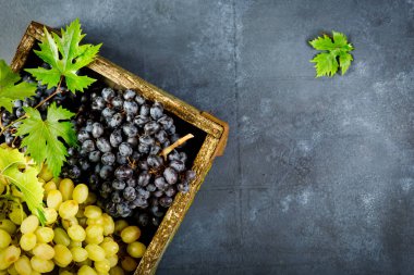 Hasat için bir kutuda beyaz ve siyah üzüm.