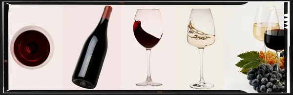 Collage Vino Botella Vino Tinto Blanco Copa Vino Diferentes Fondos — Foto de Stock