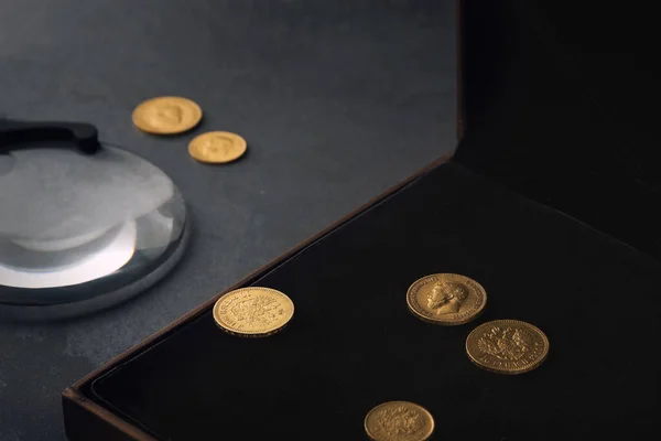 Numismatics Old Collectible Coins Made Silver Gold Copper Wooden Table — Stock Photo, Image