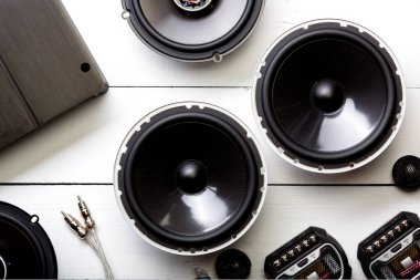 car audio, car speakers, subwoofer and accessories for tuning. Top view clipart