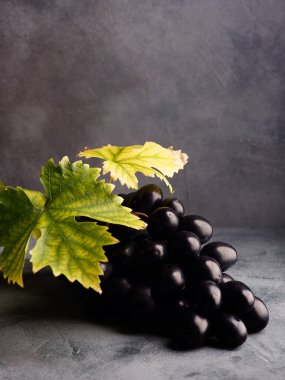 Masada bir demet siyah üzüm ve üzüm yaprağı var. Koyu arkaplan.