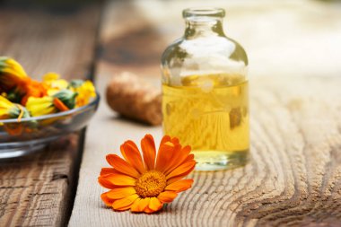 Calendula. Ahşap arka planda Marigold çiçek yaprağı üst görünümü. Calendula fincanı (Marigold çiçeği) yaprak doğal yaz çiçeği. Calendula officinalis tıbbi bitki yaprakları ve bitki yaprakları - sağlıklı konsept