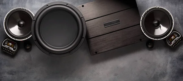 Auto Audio Reproduktory Subwoofer Příslušenství Pro Ladění Tmavé Pozadí Horní — Stock fotografie