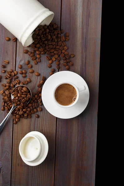 Coffee Cup Coffee Beans Wooden Background Top View — Stockfoto