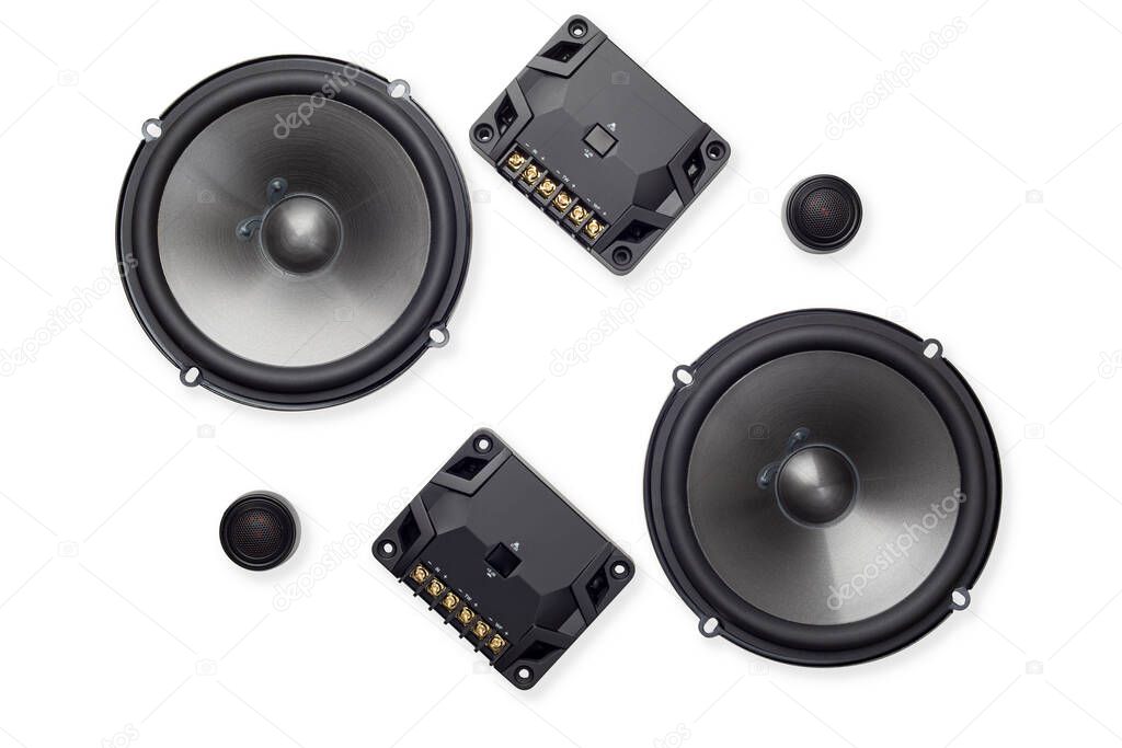 car audio, car speakers, subwoofer and accessories for tuning. Top view. Isolated white background
