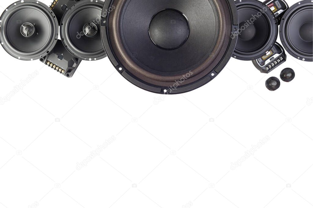 Car audio, car speakers. White background. Stereo; bass