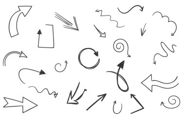 Ok El Çizilmiş Tasarım Elemanı Kümesi. Vektör soyut siyah el çizilmiş oklar beyaz arka plan üzerinde ayarlanmış