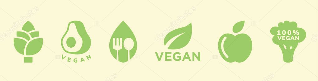 Vegan inspired green flat icons isolated on yellow. 100 natural and healthy food. Vector illustration
