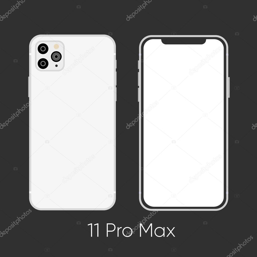 Newly released White Smartphone 11 Pro, frond and back sides isolated on gray. Vector Illustration 