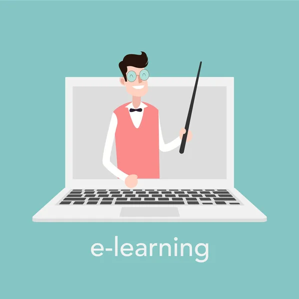 Learning Concept Voor Online School Vector Laptop Blauwe Achtergrond Vectorillustratie — Stockvector