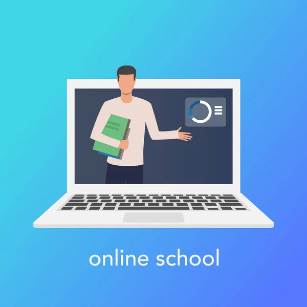 Onderwijs Online Concept Voor Online School Vector Laptop Blauwe Achtergrond — Stockvector