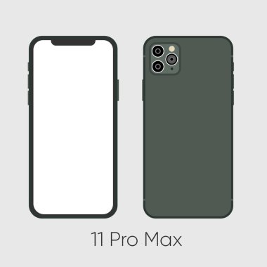 Yeni Smartphone 11 Pro Max Green her iki taraf da siyah arka planda izole edildi. Vektör illüstrasyonu.