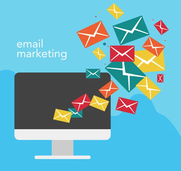 Concept de marketing par courriel avec un ordinateur et des lettres volantes de celui-ci . — Image vectorielle