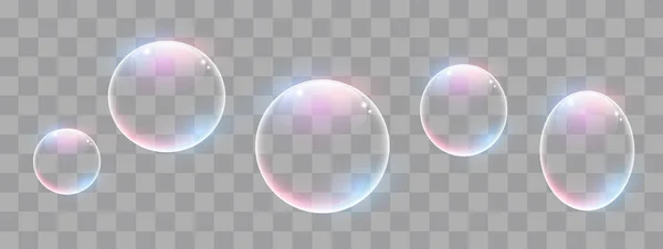 Realista jabón burbujas con arco iris reflexión conjunto aislado . — Vector de stock
